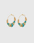 Small gold-tone hoop earrings with turquoise, green and pearly white beads, shown as a pair.