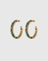 Gold-tone hoop earrings with rows of green and clear crystals, shown as a pair.