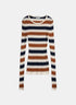 Cream, navy and cinnamon striped rib-knit top with a round neckline and long sleeves, front view.