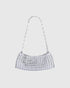 Rabanne 1969 Clutch in Silber mit glänzenden Metalldiscs und Kettenriemen von vorne