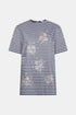 Blue and white striped T-shirt with short sleeves and silver-tone motifs, front view.