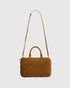 Rabanne Boston-Tasche in Camel mit Nubukleder-Discs, kurzen Henkeln und Schulterriemen von vorne