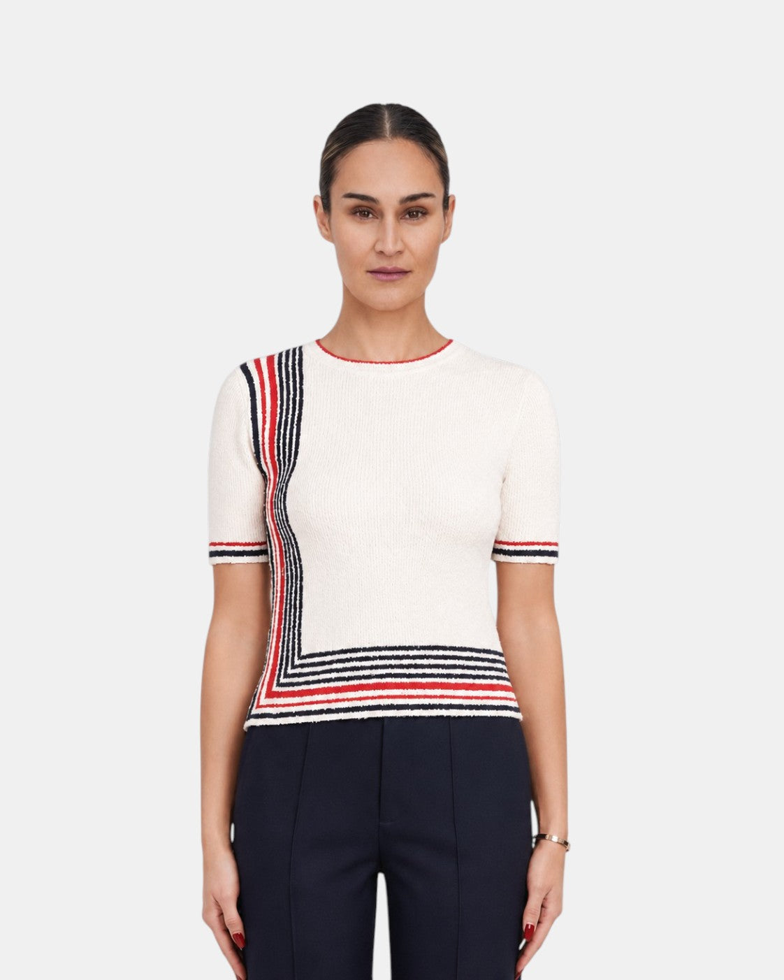 Bouclé-Stricktop Creme Navy Rot