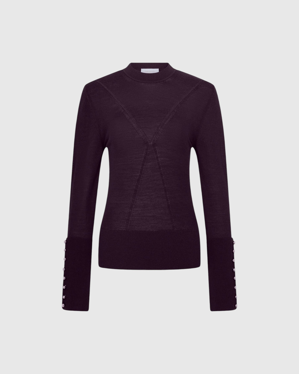 Rabanne Ajourpullover in Aubergine mit Rundhalsausschnitt und Schmuckknöpfen an den Ärmeln von vorne