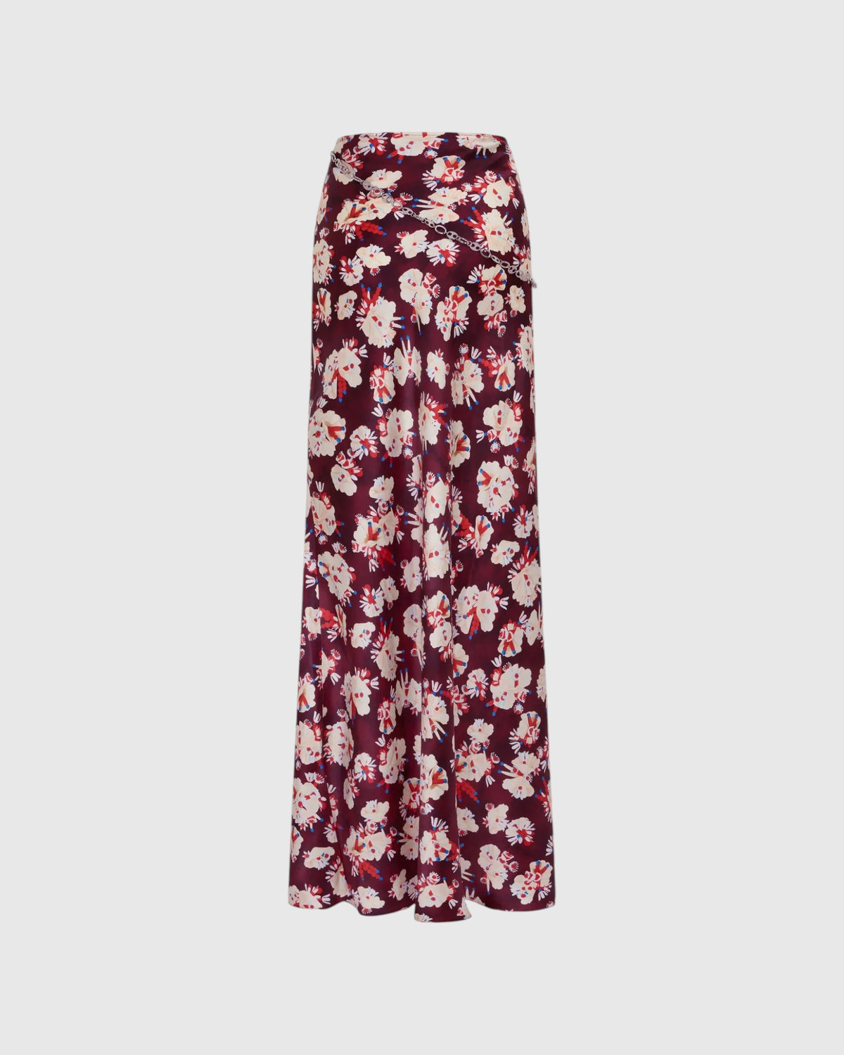 Rabanne langer Seidenrock in Lila mit hellem Blumenmuster von hinten