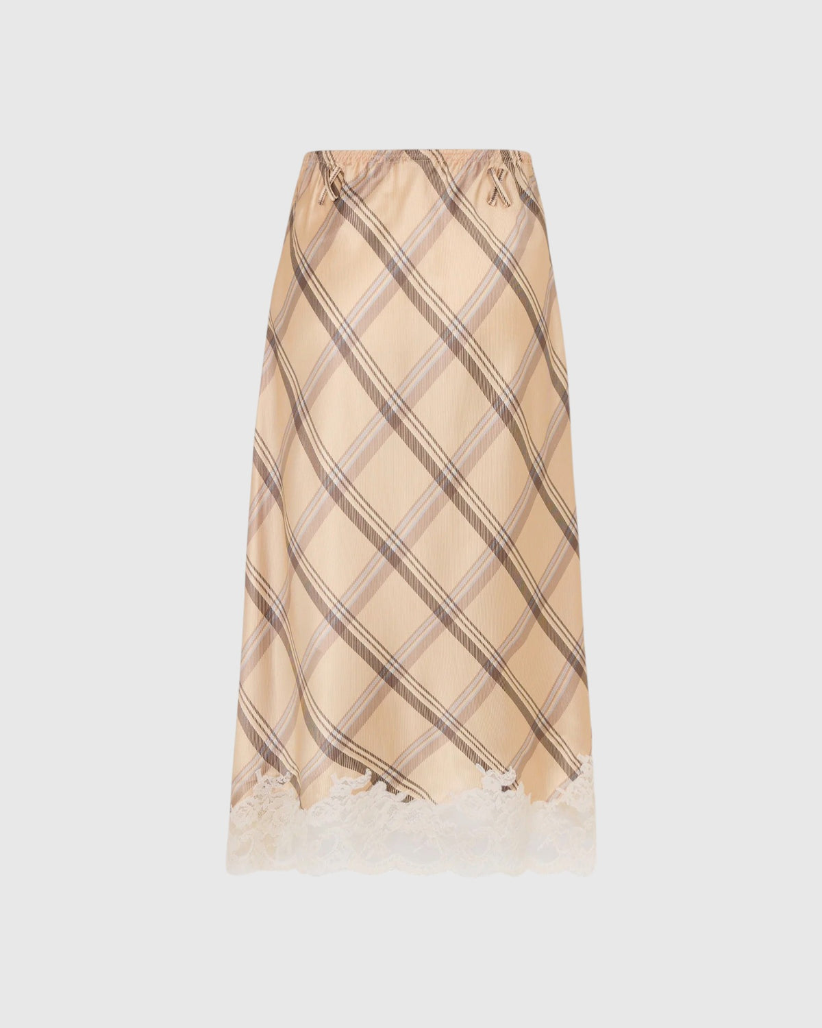 Rabanne Seidenrock in Beige mit diagonalem Karomuster und hellem Spitzensaum von vorne