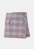 Lilac checked mini skirt with silver-tone side buttons and a flap pocket, front view.