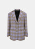 Lilac checked blazer with notched lapels, metallic buttons and flap pockets, front view.