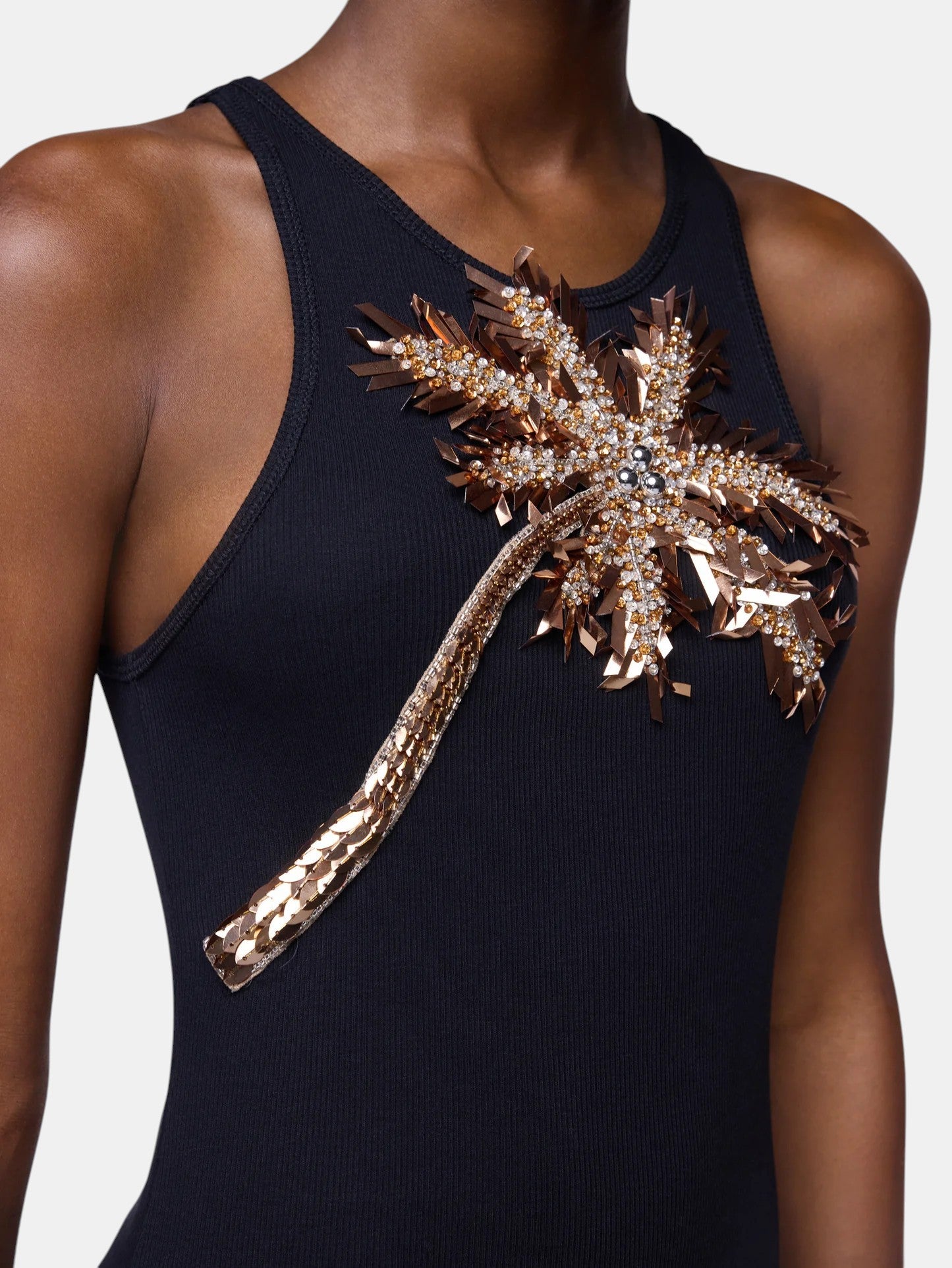Maxikleid mit Palmenstickerei Schwarz