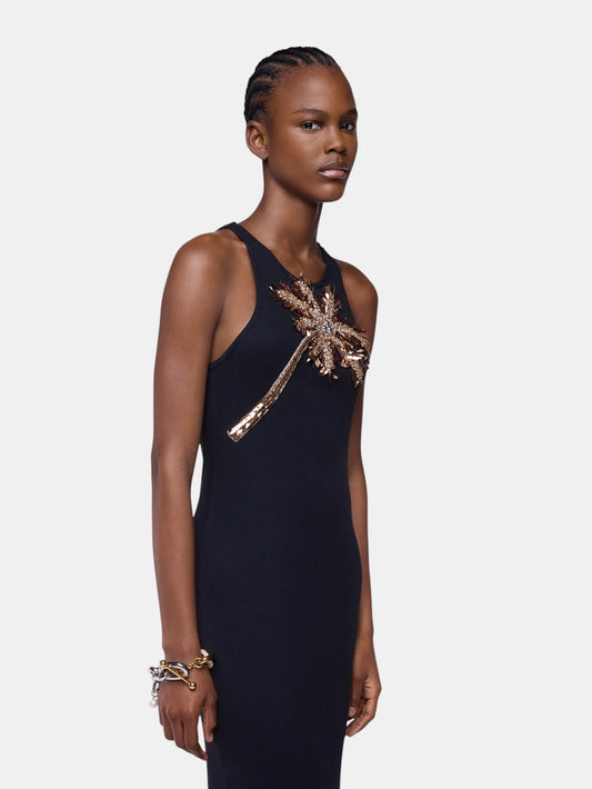 Maxikleid mit Palmenstickerei Schwarz
