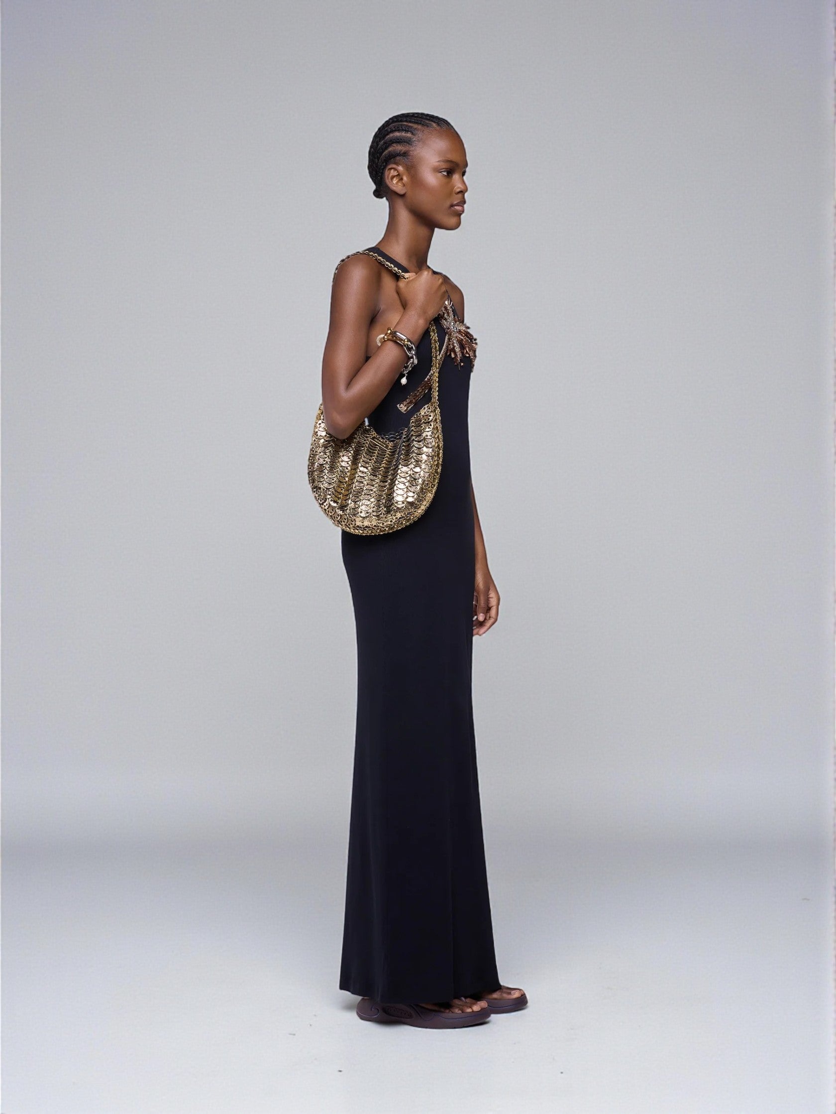 Maxikleid mit Palmenstickerei Schwarz