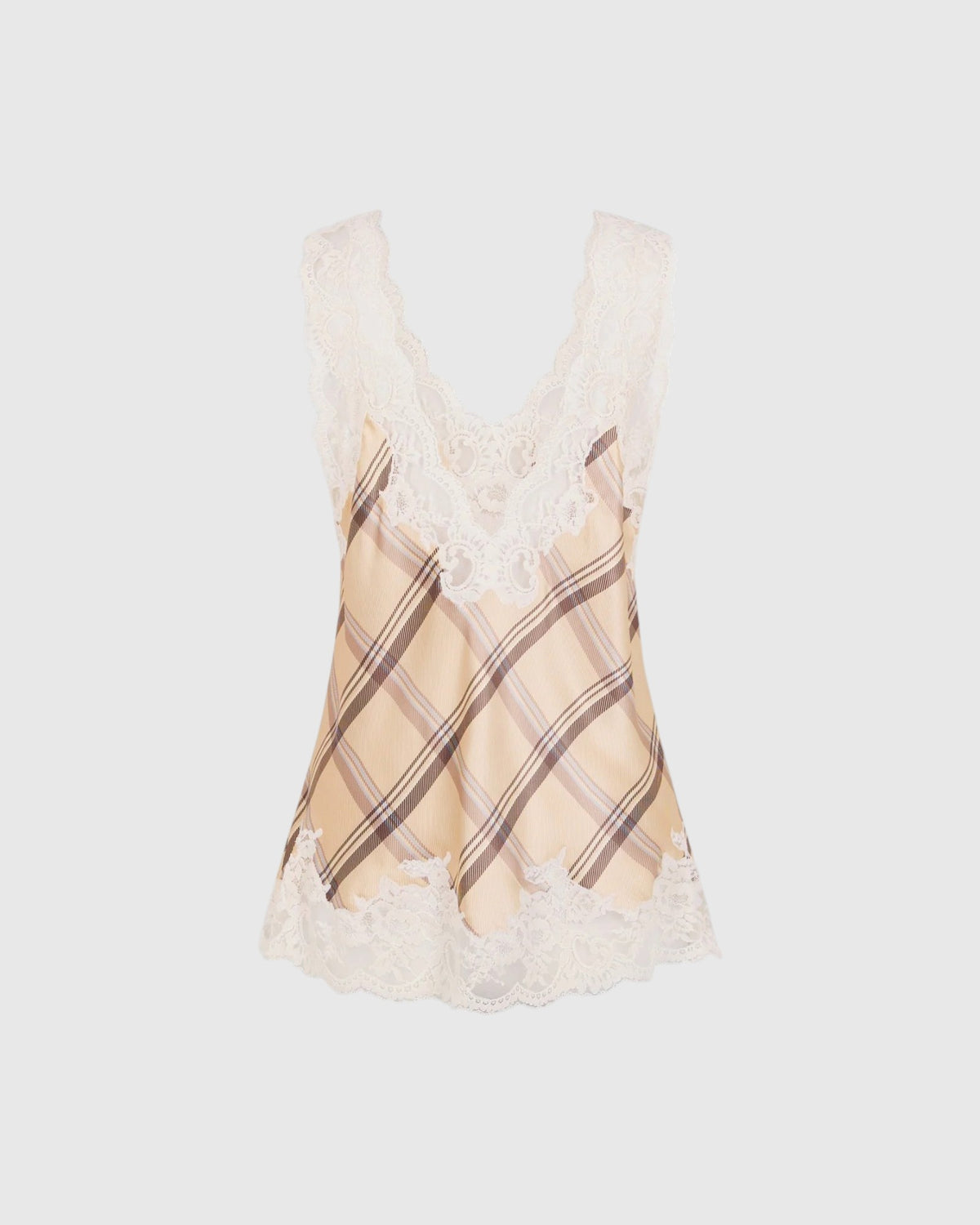 Rabanne kariertes Seidentop in Beige mit heller Spitze an Rückenausschnitt und Saum von hinten