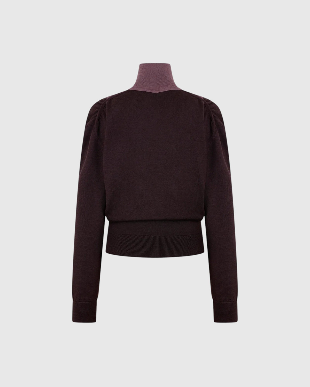 Rabanne Rollkragenpullover in Braun mit lilafarbenem Kragen und breitem Saumbund von hinten