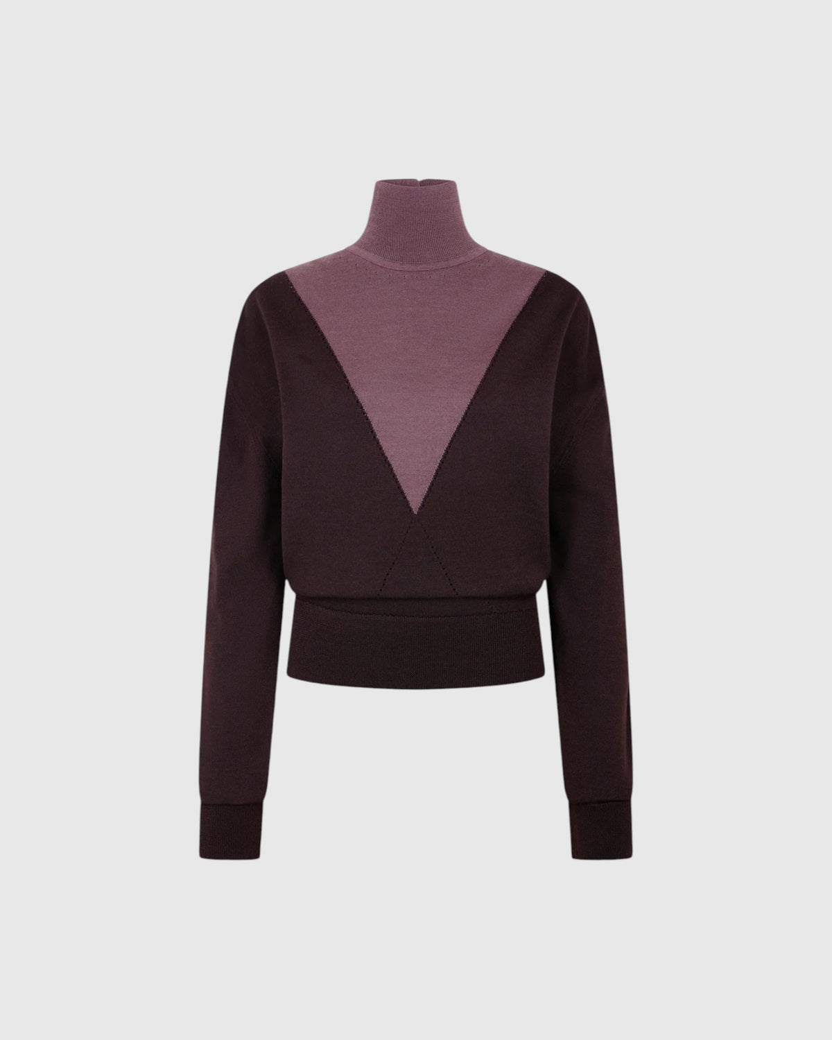 Rabanne Rollkragenpullover in Braun und Lila mit dreieckiger Kontrastpartie von vorne