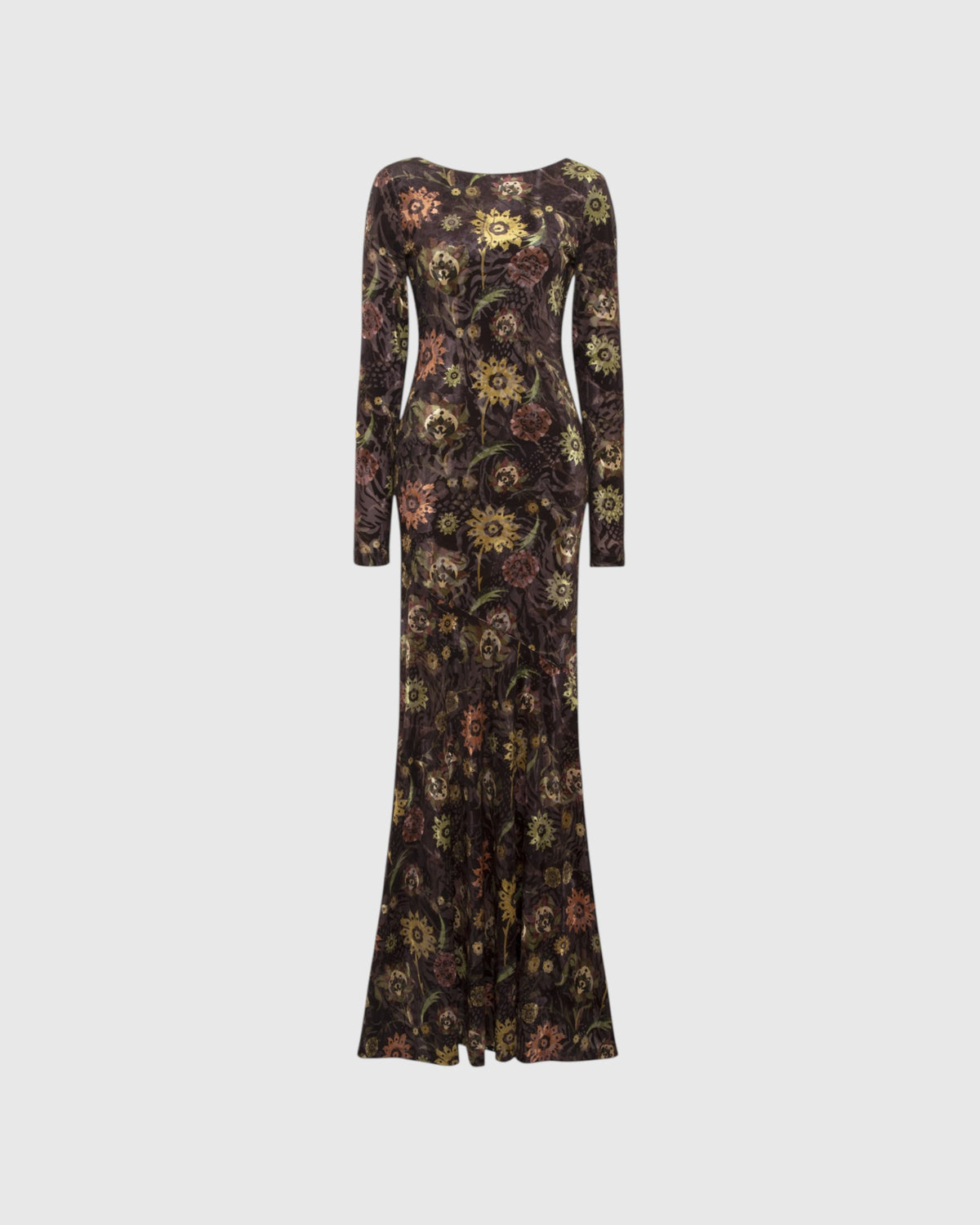 Siedrés Alin velvet maxi dress in dark brown shown from the front with a floral pattern and long sleeves