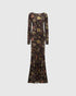 Siedrés Alin velvet maxi dress in dark brown shown from the front with a floral pattern and long sleeves