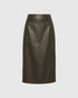 Dark green leather midi skirt with a straight silhouette and horizontal panel seam, front view.