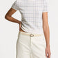 Detail des Vince Karo Kurzarm Stricktops Creme Grau von vorne getragen