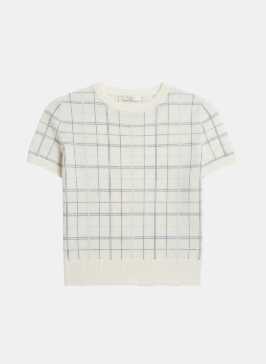 Vince Karo Kurzarm Stricktop Creme Grau als Freisteller von vorne