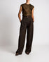 Brown-grey pinstriped wide-leg pants worn with a narrow belt, front view on a model.