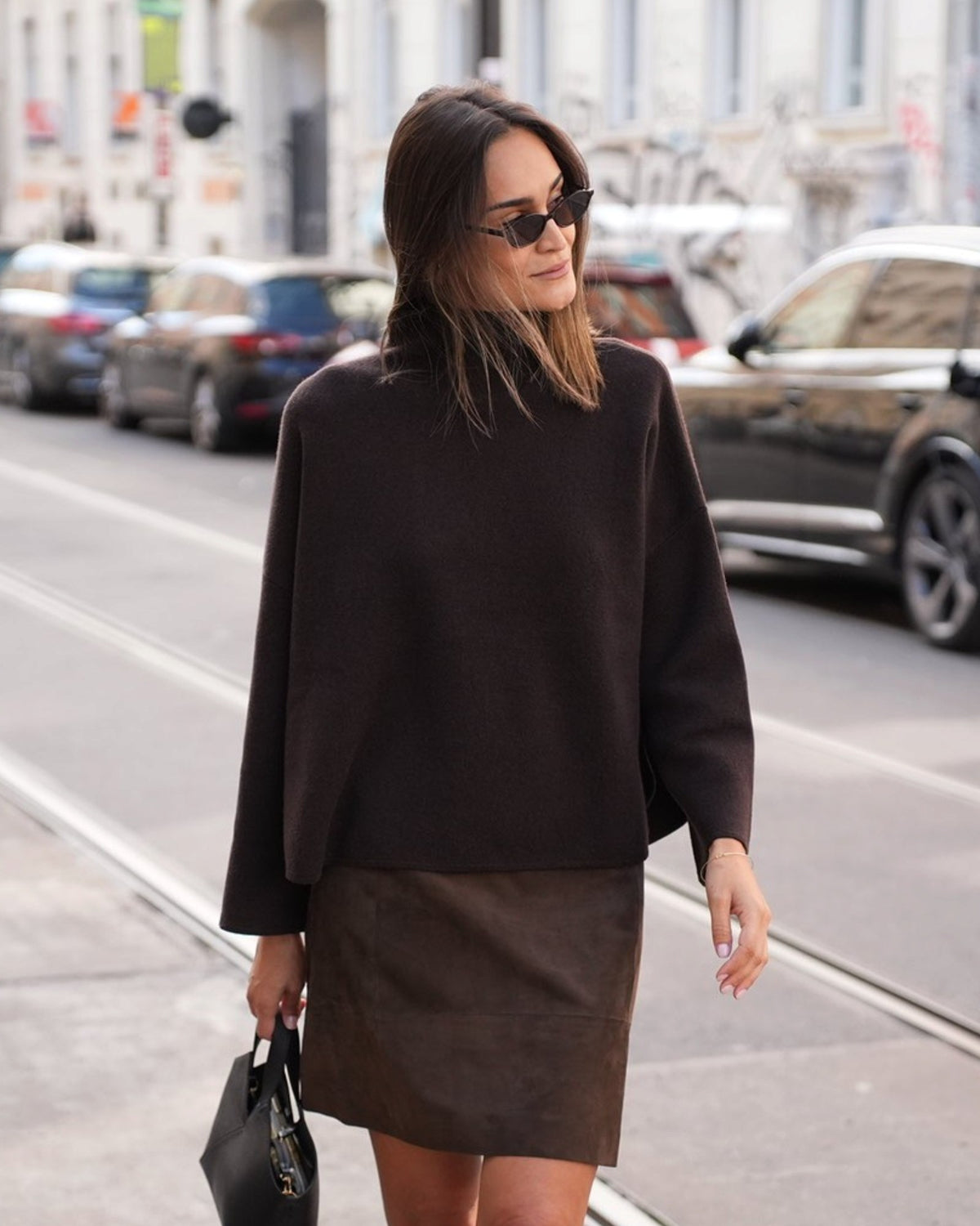 High-Waist Velourslederrock Braun