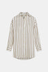 Cream long-sleeved shirt with fine brown stripes, a pointed collar and curved hem, front view.