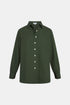 Forest green long-sleeved shirt with a pointed collar, button front and two chest pockets, front view.