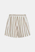 Cream shorts with fine brown stripes, front pleats and belt loops, front view.