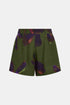 Olive green linen shorts with a purple floral print, front pleats and belt loops, front view.